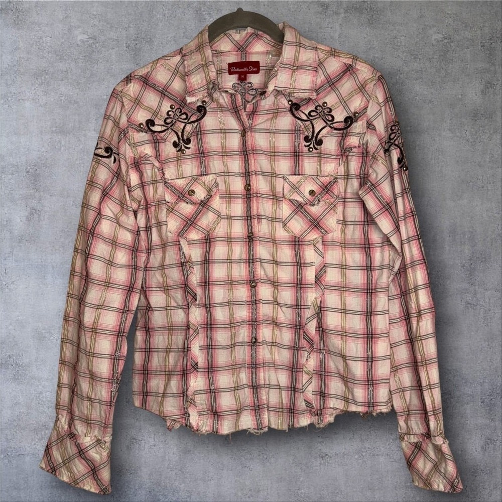 Panhandle Slim Western Plaid Studded Embroidered Snap Shirt Women's Medium - Picture 2 of 13